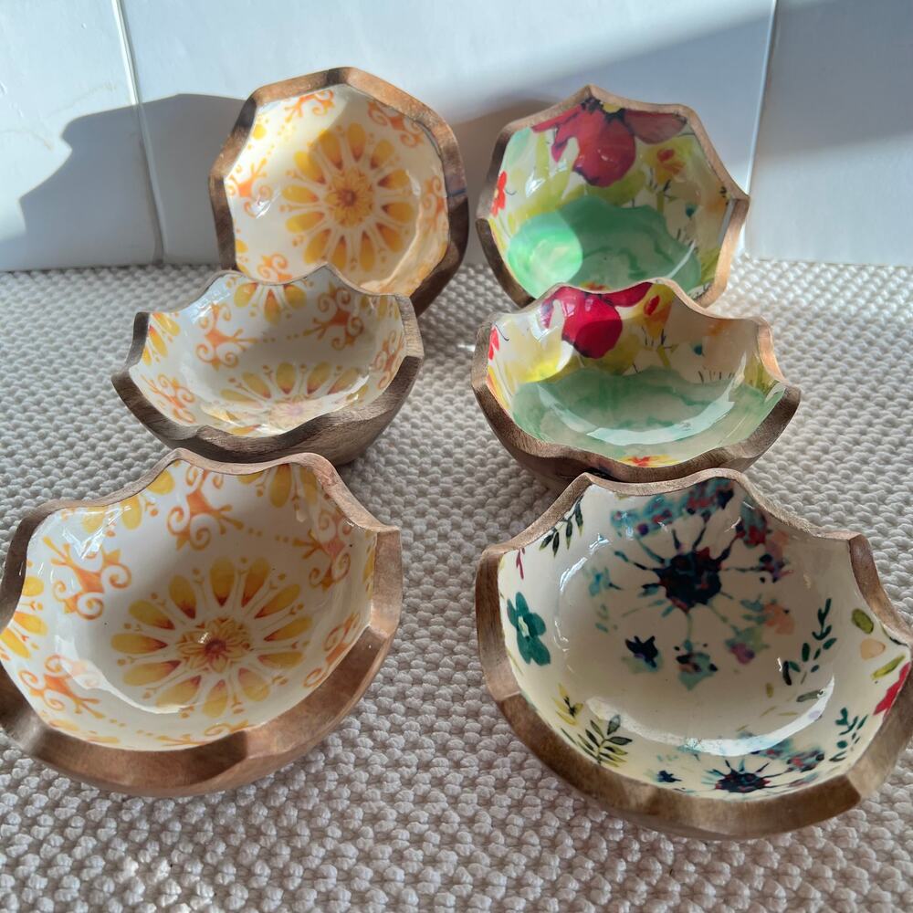 The Pioneer Woman Flea Market 6 Piece 4.5" Floral Mango Wood Bowls RARE